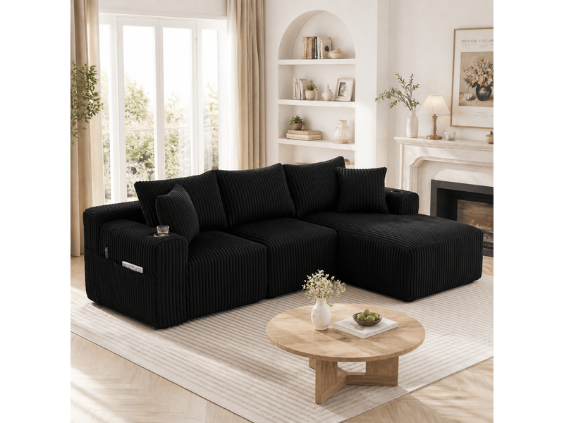 Canapé d’angle réversible 3 places en velours côtelé noir, 257 cm, sans montage W2845S00162 - Conforama B