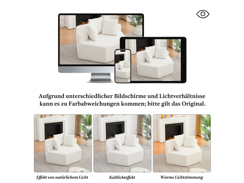  Canapé modulaire hexagonal avec trois coussins et dessous antidérapant en tissu bouclette chenille beige  - Conforama E