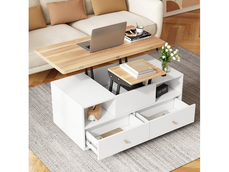  Table basse relevable extensible avec 4 tiroirs et roulettes – mdf blanc et décor bois – 100 x 50 x 47,5 cm  - Conforama B