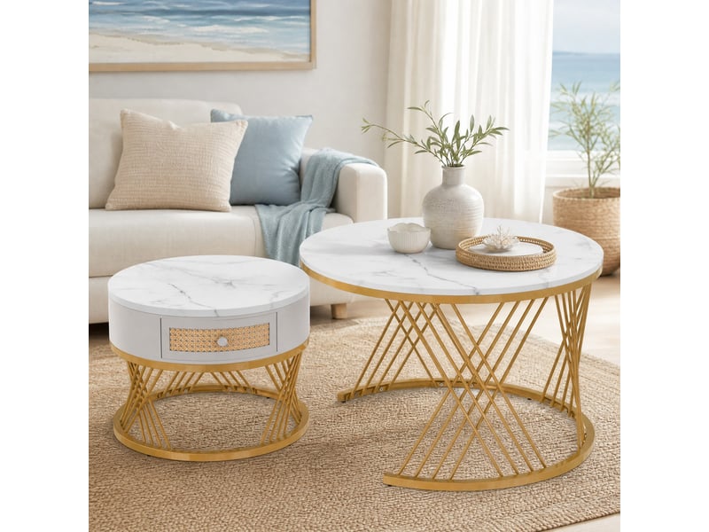  Lot de 2 tables basses rondes gigognes avec tiroir en mdf blanc et métal doré  - Conforama D
