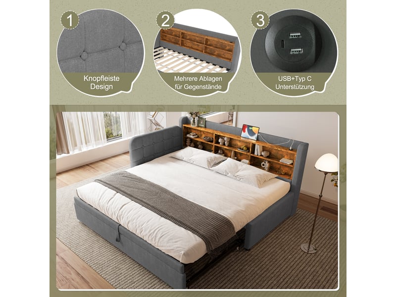  Lit banquette 90x200 extensible 180x200 avec ports usbtype c et rangements - lin gris  - Conforama D