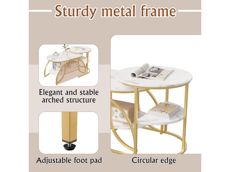  Table basse de salon , lot de 2 tables basses gigognes , pieds en métal , table d'appoint en marbre ,doré , ronde,80 x 46 x 45 cm  - Conforama E