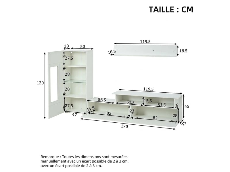  Ensemble meuble tv mural 3 pièces blanc brillant avec éclairage led, pour téléviseur jusqu'à 75 pouces  - Conforama C