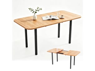 Table à manger extensible 120-160 cm, 4 à 6 personnes, bois naturel, pieds en alliage