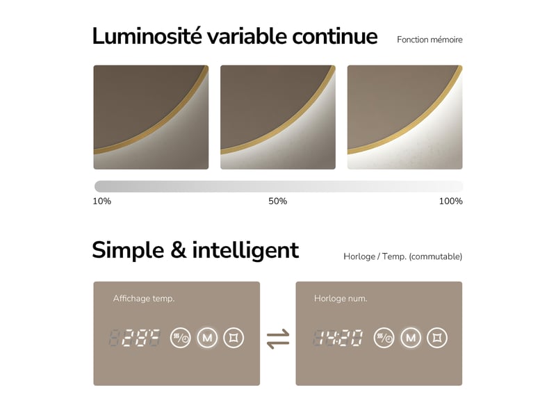 Emke miroir de salle de bain led rond 80x80 cm cadre or brossé, anti-buée, horloge, tactile, température de couleur et luminosité réglables - Conforama D