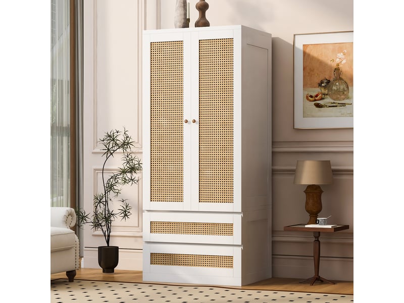  Armoire de chambre 70 x 55 x 170 cm avec tiroirs et étagères, façades imitation rotin, grande rangement, design moderne, blanc Sol Morn - Conforama B