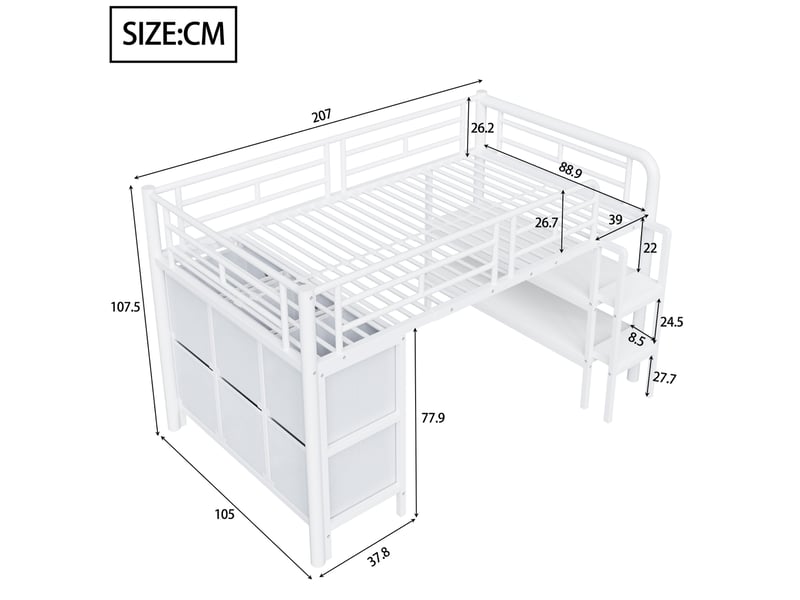  Lit mezzanine enfant 90x200 cm en métal avec rangements et escalier, blanc  - Conforama C