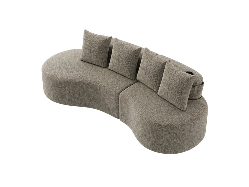  Canapé 4 places en tissu de lin kaki avec 4 coussins, porte-gobelet et poches latérales  - Conforama A