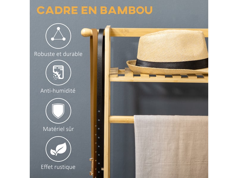 Portant à vêtements penderie - 2 étagères, 2 patères, barre de suspension - bambou verni - Conforama E