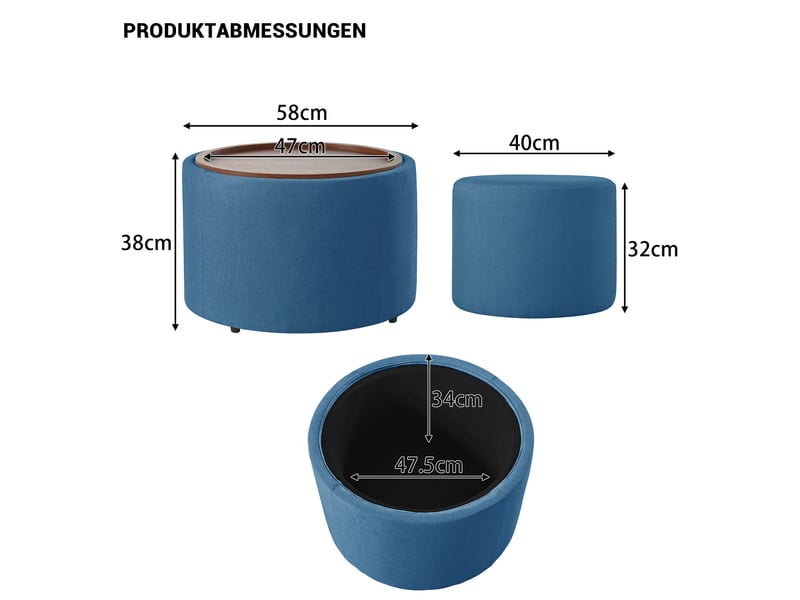  Pouf rond 2 places avec rangement, plateau amovible et assise rembourrée, empilable, en tissu bleu  - Conforama E