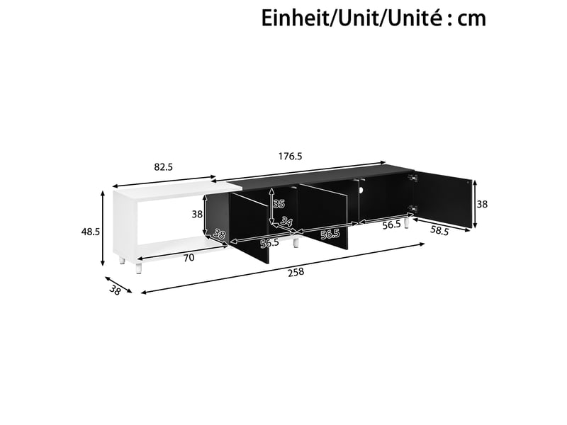  Meuble tv extensible 258x38x48,5 cm - meuble bas tv avec 3 portes brillantes, rangement, charnières silencieuses, mdf et métal - noir et blanc  - Conforama C