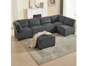 Canapé modulable 6 places en corduroy gris, convertible en u ou en l avec rangements evryae