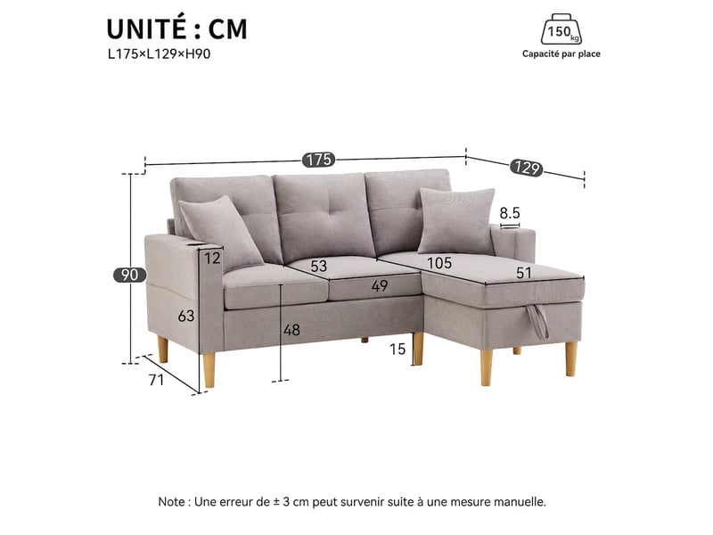  Canapé 3 places avec méridienne réversible - gris clair aspect lin avec coffre et porte-gobelets  - Conforama C