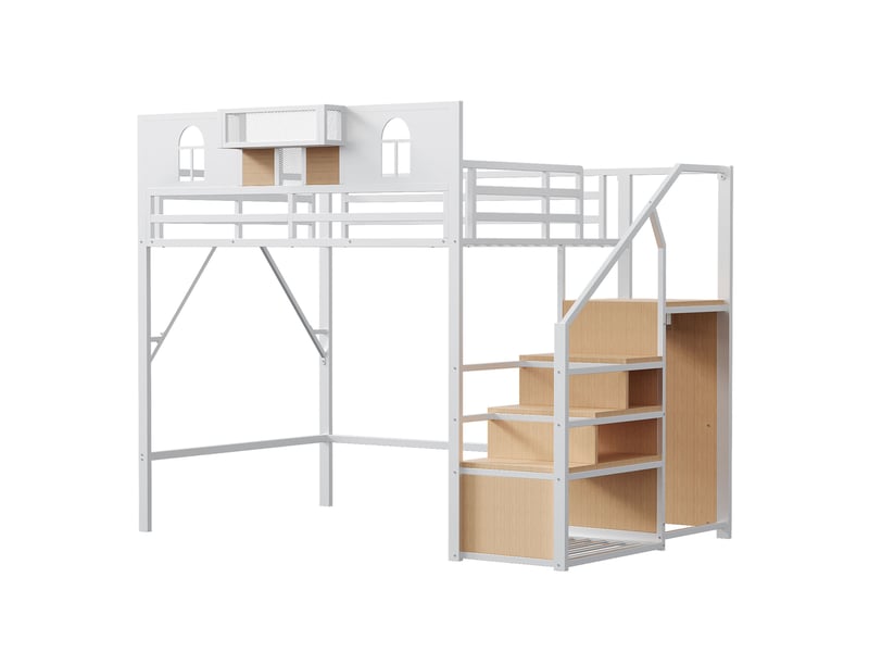 Lit mezzanine enfant 140x200 cm – blanc – escalier de rangement et tablette latérale, sans matelas - Conforama D