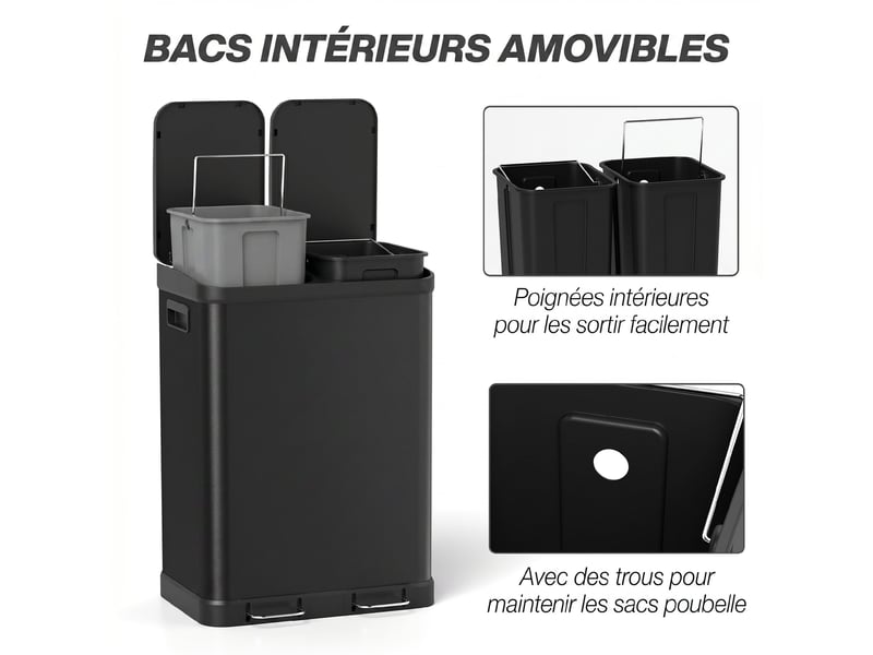  Poubelle de cuisine à pédale 2x30l en acier inoxydable noir 48,8x39,5x67 cm  - Conforama E