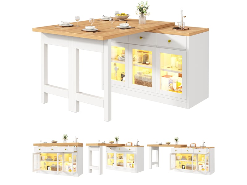  Îlot de cuisine extensible avec 3 tiroirs et 3 portes vitrées, led rgb, pour cuisine et salle à manger, blanc  - Conforama A