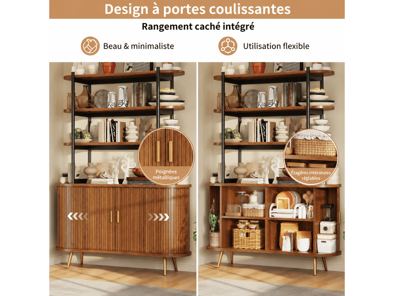  Buffet 120x40x183 cm avec portes coulissantes, étagères ouvertes, rangement fermé et pieds métal, meuble cuisine mdf OMNIGLINT TRADING LTD - Conforama E