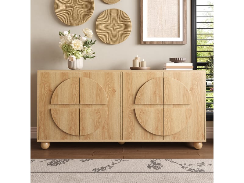  Meuble à chaussures 4 portes bois naturel - sideboard buffet meuble de rangement avec relief circulaire et pieds en bois  - Conforama D