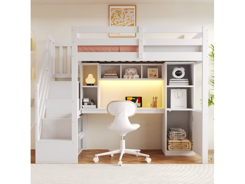  Lit mezzanine avec escalier de rangement étagères led prises européennes et garde-corps en bois blanc 90 × 200 cm  - Conforama E