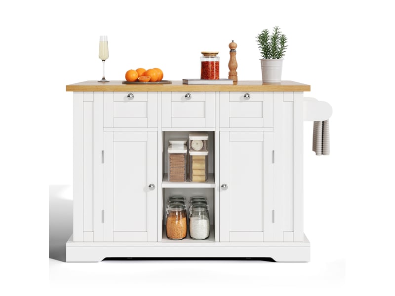  Desserte de cuisine mobile 132 cm, plateau rabattable, prises usb, blanc naturel  - Conforama A