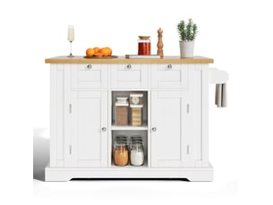 Desserte de cuisine mobile 132 cm, plateau rabattable, prises usb, blanc naturel