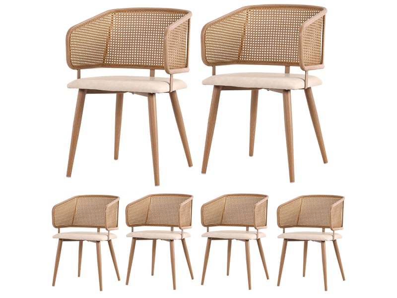 Lot de 6 chaises de salle à manger, 47x51x79 cm,chaises de cuisine rétro pour salon restaurant café, dossier en rotin et assise en velours, beige marron - Conforama A