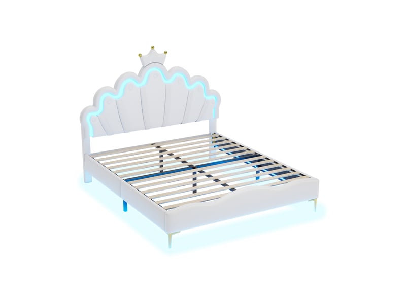  Lit enfant 140x200cm, lit double avec led, tête de lit réglable et sommier, pu blanc, sans matelas  - Conforama E