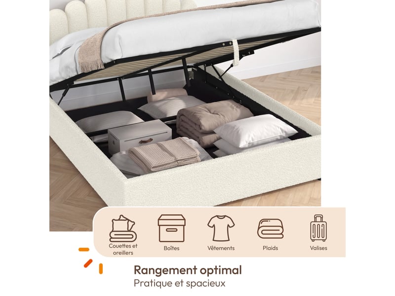  Lit coffre double noelie avec tête de lit et sommier 140 x 190 cm tissu bouclette blanc  - Conforama E
