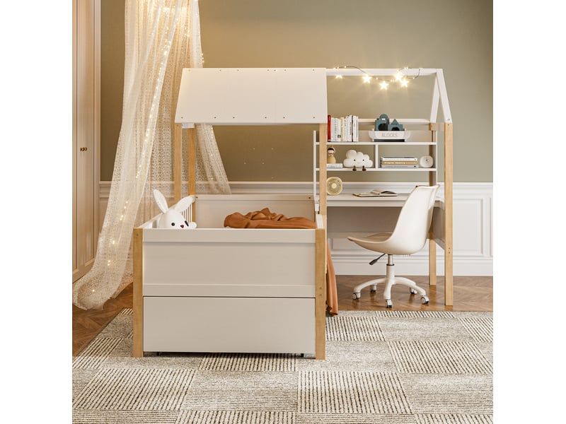 Lit enfant cabane 90x200 cm avec bureau, rangement et sommier blanc et bois - Conforama C