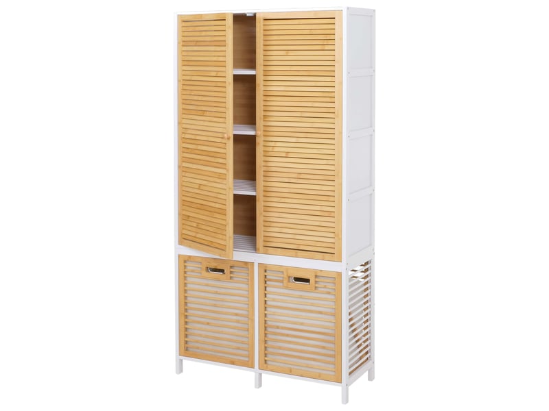  Armoire de salle de bains en bambou hwc-n83, étagère de salle de bains, 2 paniers à linge, portes mvg 168 x 82 x 34 cm - blanc naturel, panier naturel  - Conforama A