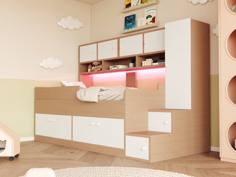  Lit enfant 90x200cm avec rangements, étagères, penderie, échelle d'accès, éclairage led et barrière de sécurité, bois  - Conforama B