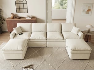 Canapé d'angle droit fixe BIQZUYA 6 places Coton / Lin beige avec coffre de rangement
