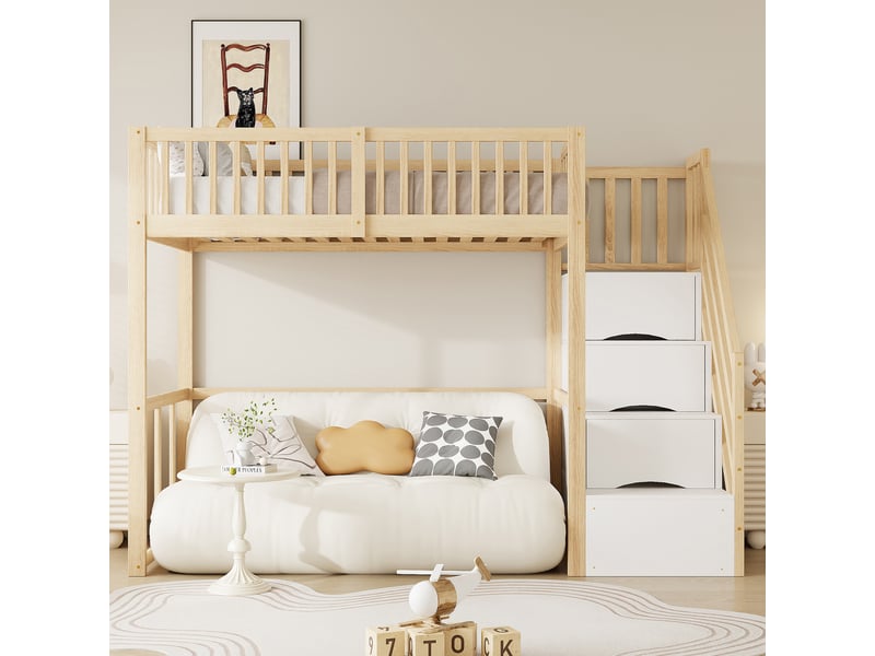  Lit mezzanine enfant 200×90 cm avec escalier de rangement et bureau, sans matelas, en pin massif, coloris bois naturel  - Conforama C