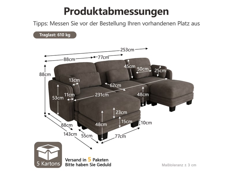  Canapé modulaire en u 3 places 253x143x88 cm, 2 poufs, design ergonomique, style moderne minimaliste chenille marron  - Conforama C