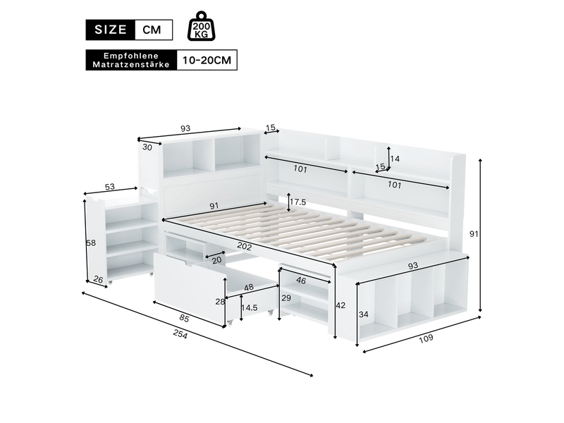  Lit coffre 90x200, rangement intégré lit une personne, sommier inclus, design multifonctionnel, bibliothèque et tiroirs  - Conforama C
