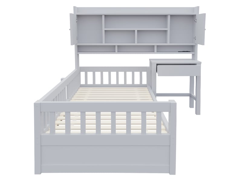  Lit multifonction enfant 90x200 cm avec bureau, rangements, led et prise bois et mdf gris sans matelas  - Conforama A