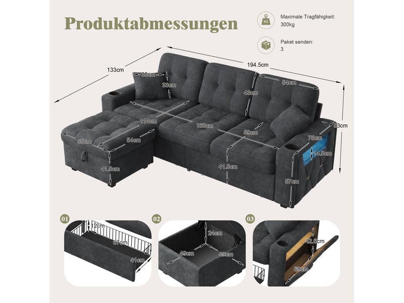 Canapé droit 3 places 194,5x133x83 cm avec 2 tiroirs, pouf de rangement, led, charge rapide, tissu chenille noir - Conforama C
