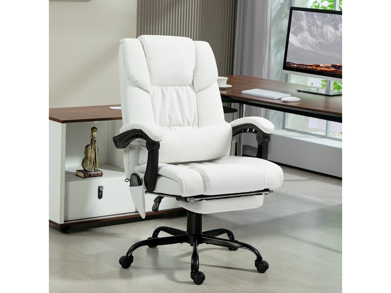 Chaise de bureau massante à 6 points blanche, dossier inclinable à 130° et repose-pieds - Conforama D