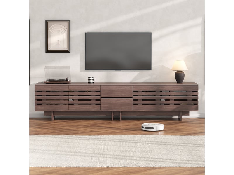  Meuble tv 200 cm noyer pour écran 80 pouces - 4 portes 2 tiroirs - style rétro  - Conforama W