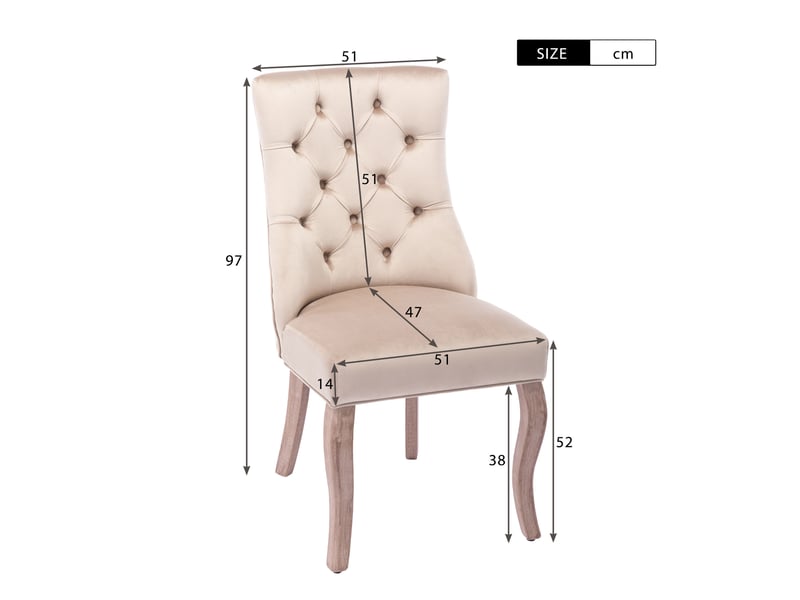  Lot de 6 chaises de salle à manger beige en velours, dossier haut capitonné, pieds en bois massif  - Conforama C