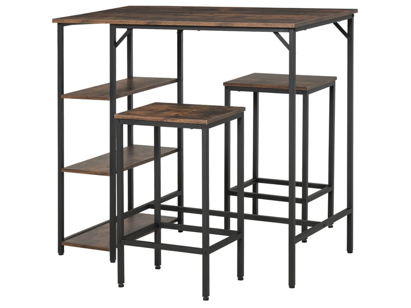  Ensemble table de bar et 2 tabourets avec repose-pieds, étagères à 3 niveaux et coussins, 109 x 60 x 100 cm, marron rustique  - Conforama A