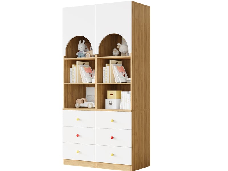  Lot de 2 bibliothèques hautes blanches et bois clair avec 3 tiroirs, 3 étagères et portes arquées pour enfant  - Conforama A