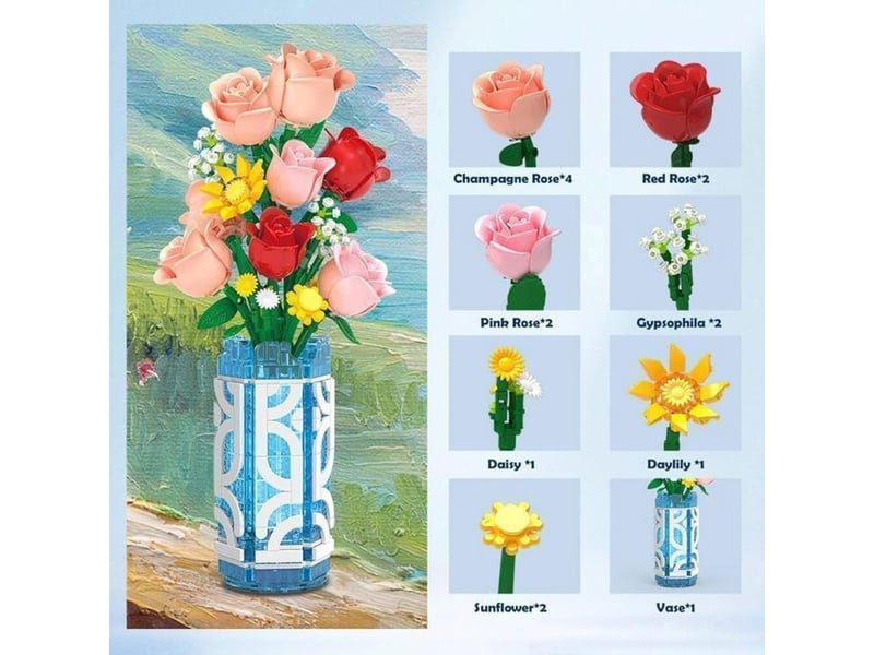  Kit bouquet de fleurs en briques mini 705 pieces avec vase bleu et leds 151498_AAANO10823_6_DROPFR - Conforama C