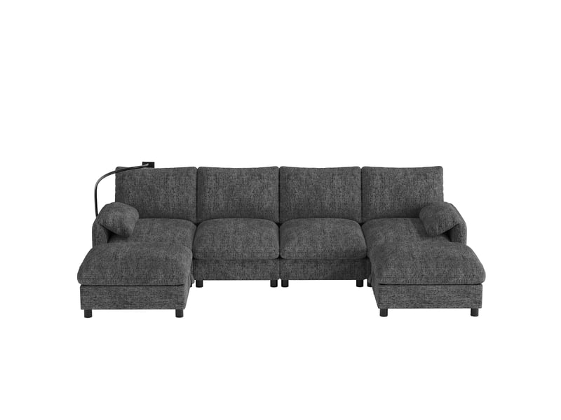  Canapé modulable 6 places en chenille avec configuration ul, 2 poufs coffre, ports usbtype-c, support téléphone 360°, canapé d’angle avec assise moelleuse - gris  - Conforama A