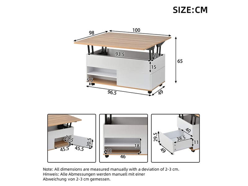  Table basse relevable avec 1 tiroir, 1 porte, niches de rangement et roulettes pour salon, 100 × 98 × 65 cm  - Conforama D