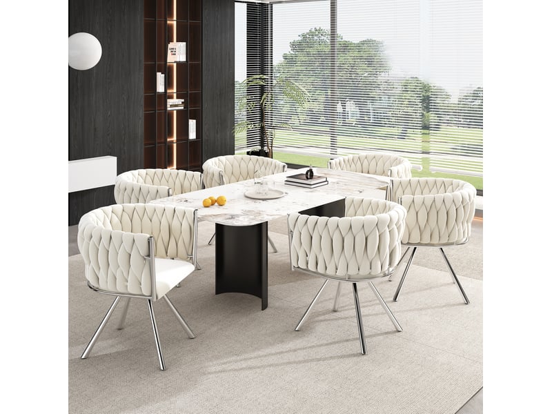  Lot de 6 fauteuils 59x54x72 cm, fauteuils pivotants 360°, velours beige, pieds acier argenté, style contemporain  - Conforama B