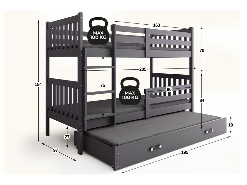 Lit superposé 3 places kacper 90x200 cm + lit tiroir 80x190 cm interbeds - bois massif de pin - gris - Conforama C