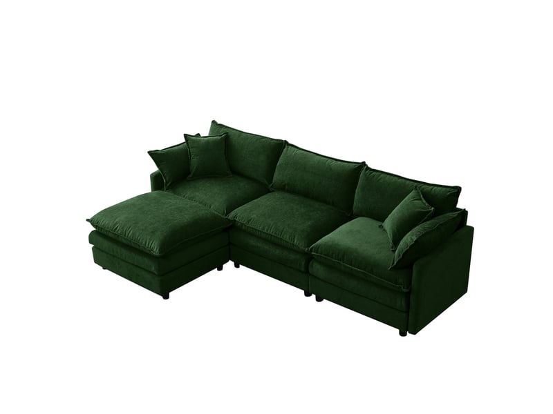 Canapé d’angle modulable 3 places avec pouf, tissu chenille vert, 267x154x85 cm - Conforama A