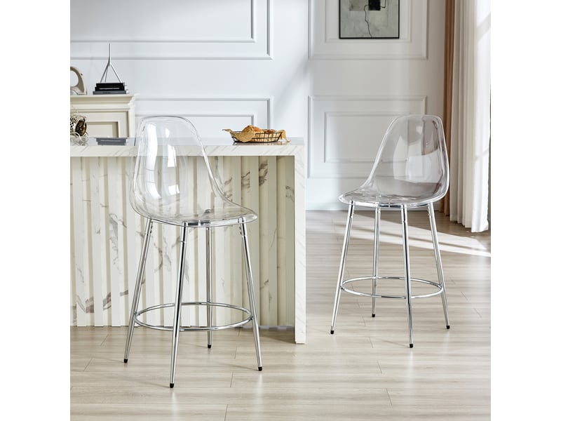  Lot de 2 tabourets de bar transparents avec dossier ergonomique, pieds en métal argenté et repose-pieds intégré, hauteur totale 102 cm  - Conforama R