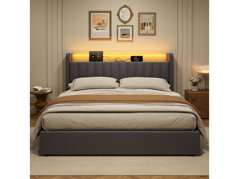 Lit rembourré 180x200 avec rangement, led et port usb cravdom - Conforama C